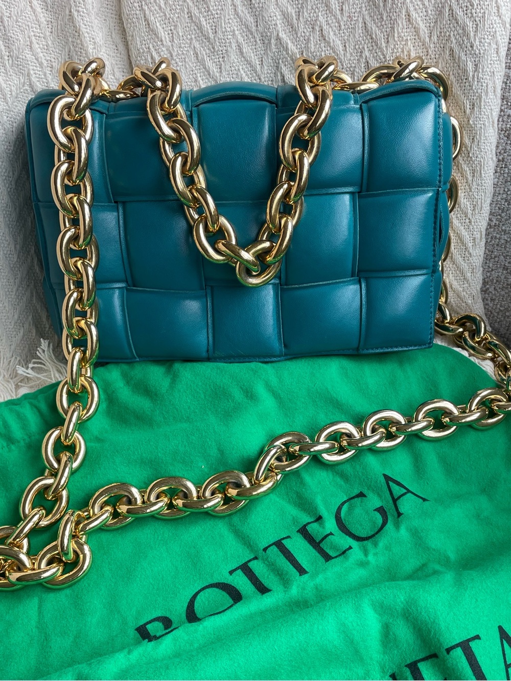 Bottega Veneta Teal Padded Intrecciato Shoulder Bag with Gold Chain